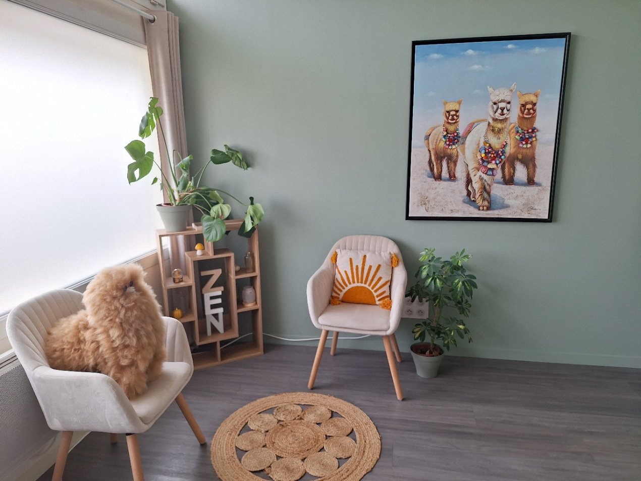 Mascotte lama décorative dans le cabinet de psychologie G Psycho à Bourges, symbole de bienveillance et de légèreté.